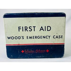 Antique Johnson & Johnson First Aid Wood's Emergency Case Metal Supplies TIN